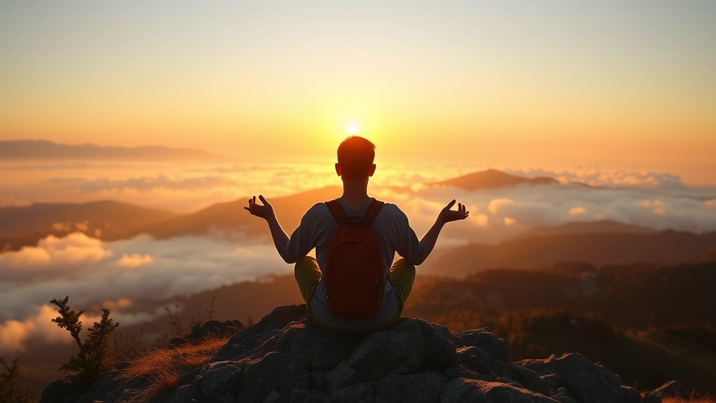 Person meditating at sunrise on mountain peak, peaceful expression, misty valley below, warm golden light, serene personal growth moment, photorealistic