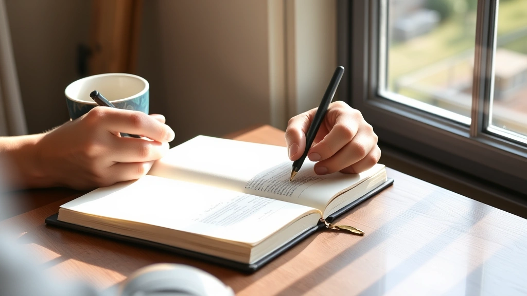 Person writing in journal at desk with morning coffee, natural window light, thoughtful pose, notebook visible but text unreadable, reflection and planning scene, photorealistic