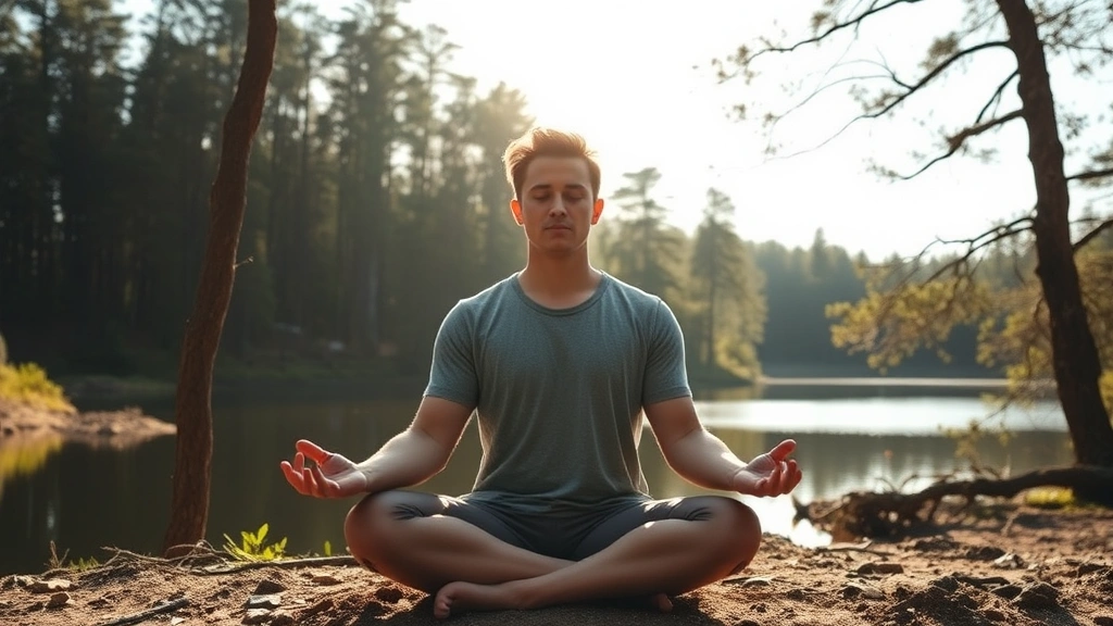 Person meditating peacefully in nature surrounded by trees and water, embodying inner strength and mindfulness, serene expression, natural lighting, calm environment reflecting personal transformation
