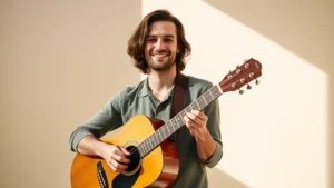 A person with genuine smile holding an acoustic guitar, standing confidently in natural sunlight, showing relaxed posture and pride, minimalist background, warm tones