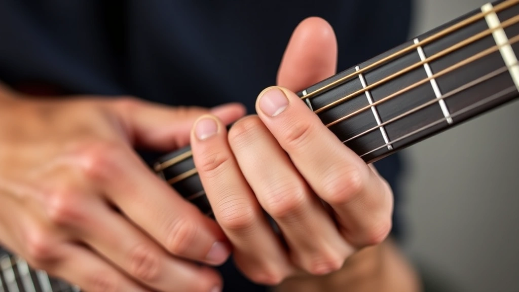 Hands on guitar fretboard showing precise finger placement, close-up detail of technique, focused concentration, natural lighting highlighting calluses and muscle definition