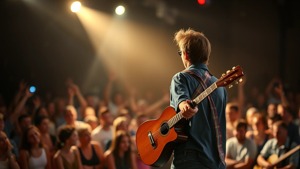 Person performing guitar on stage with audience in soft focus, genuine expression of joy and confidence, stage lighting creating dramatic effect, capturing moment of musical triumph