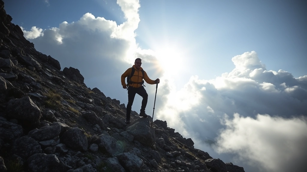 A person climbing a steep mountain trail with determination, sunlight breaking through clouds ahead, showing perseverance and forward progress through challenging terrain