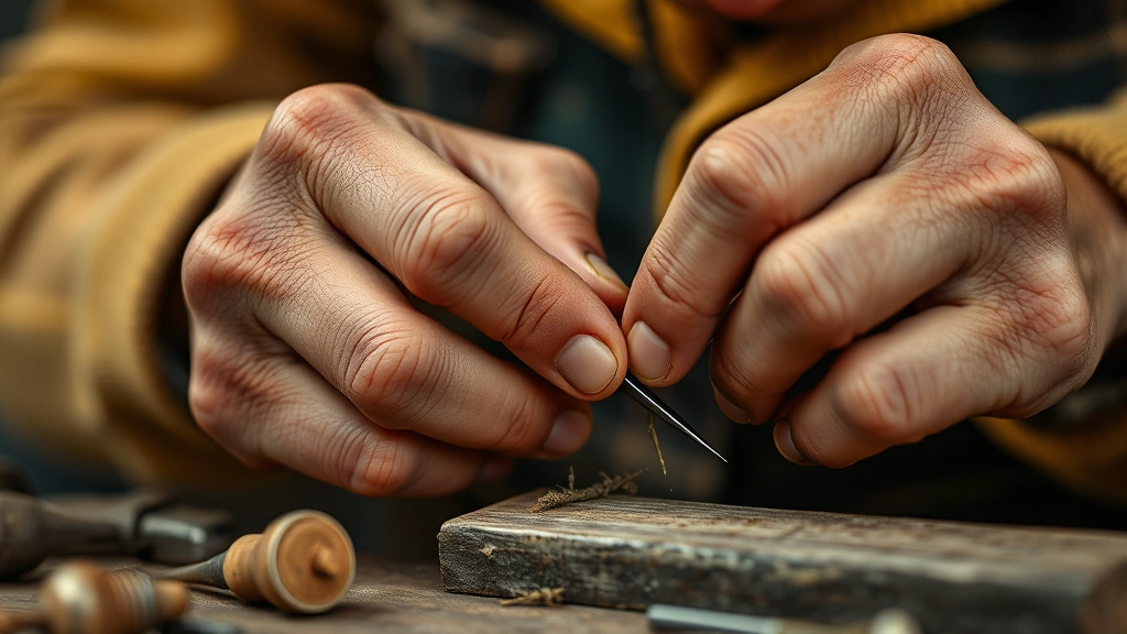 Close-up of someone's hands working intently on a craft or skill, showing focused deliberate practice with tools or materials, embodying effort and improvement
