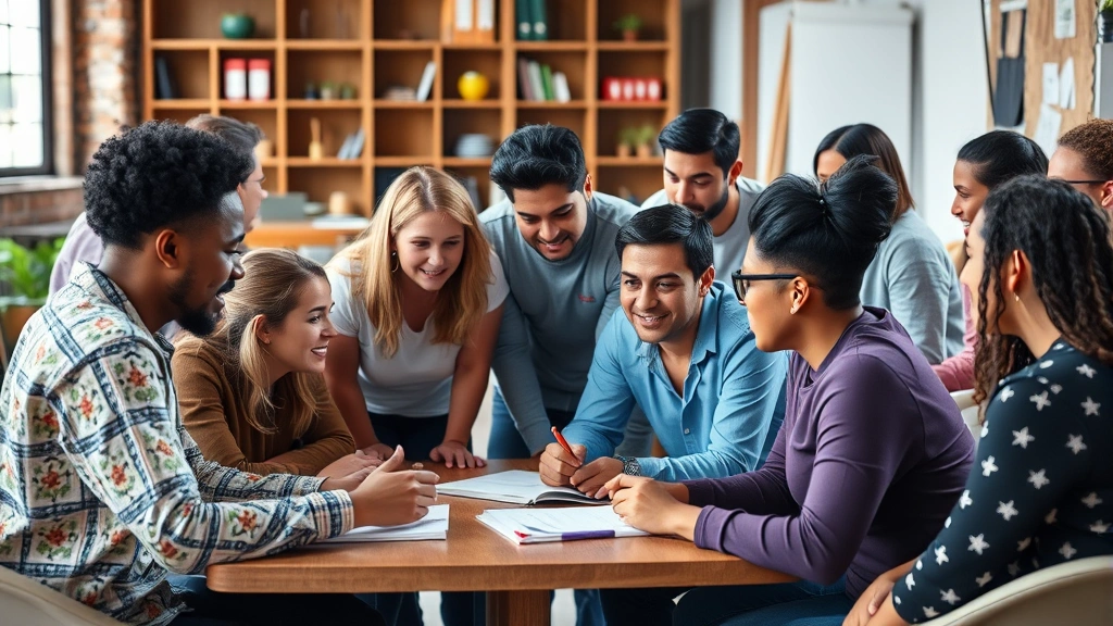 A diverse group of people in a collaborative learning environment, engaged in discussion and growth together, showing community support and shared development