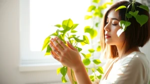 Person tending to lush green pothos plant in bright sunlight, hands gently touching leaves, serene focused expression, modern home interior, natural light streaming through window, vibrant healthy foliage