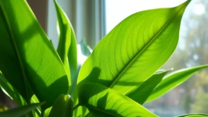 Lush green plant with vibrant leaves receiving bright natural sunlight through window, close-up of healthy leaf structure, morning light illuminating foliage