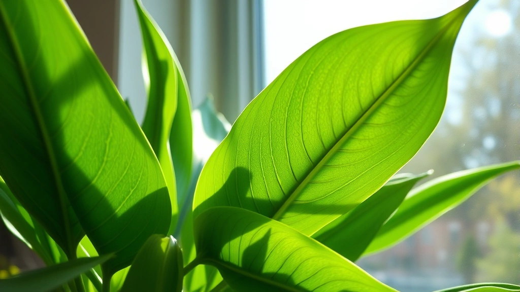 Lush green plant with vibrant leaves receiving bright natural sunlight through window, close-up of healthy leaf structure, morning light illuminating foliage