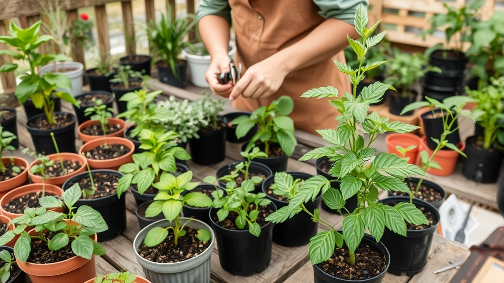 Organized garden workspace with various potted plants at different growth stages, gardener pruning branches, healthy plant specimens with full foliage demonstrating growth progression