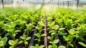 Vibrant green seedlings in controlled greenhouse environment with misting system, showing healthy plant development and growth vigor, natural lighting from above, photorealistic style, no text or labels visible