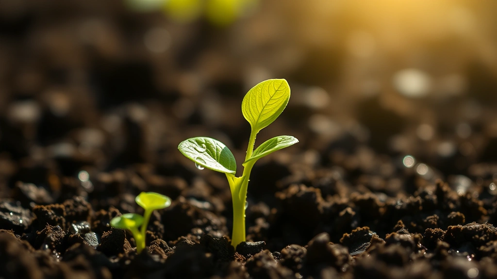 A vibrant green seedling with fresh sprouting leaves emerging from rich dark soil, morning sunlight illuminating delicate new growth, water droplets on leaves suggesting optimal hydration conditions
