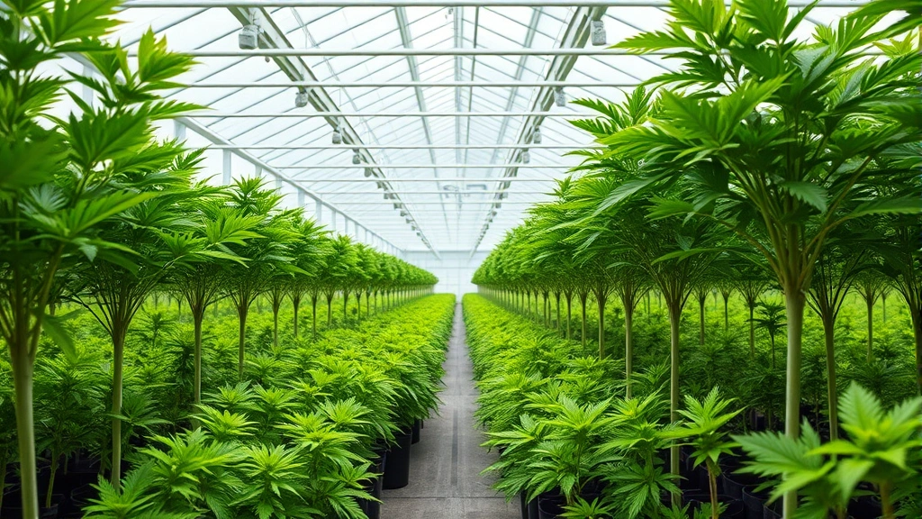 Lush greenhouse interior with rows of thriving potted plants displaying robust foliage and healthy stems, professional cultivation environment with optimal lighting and spacing demonstrating peak plant vigor