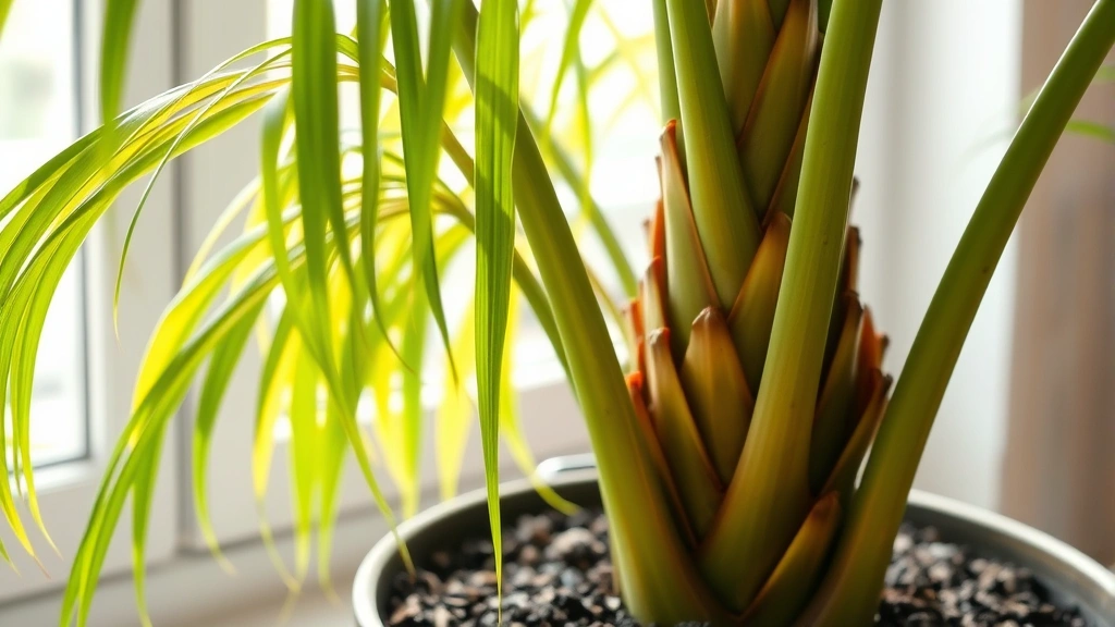 Close-up of healthy ponytail palm trunk with vibrant green cascading leaves, indoor bright window light, rich dark soil, peaceful home environment, natural plant growth