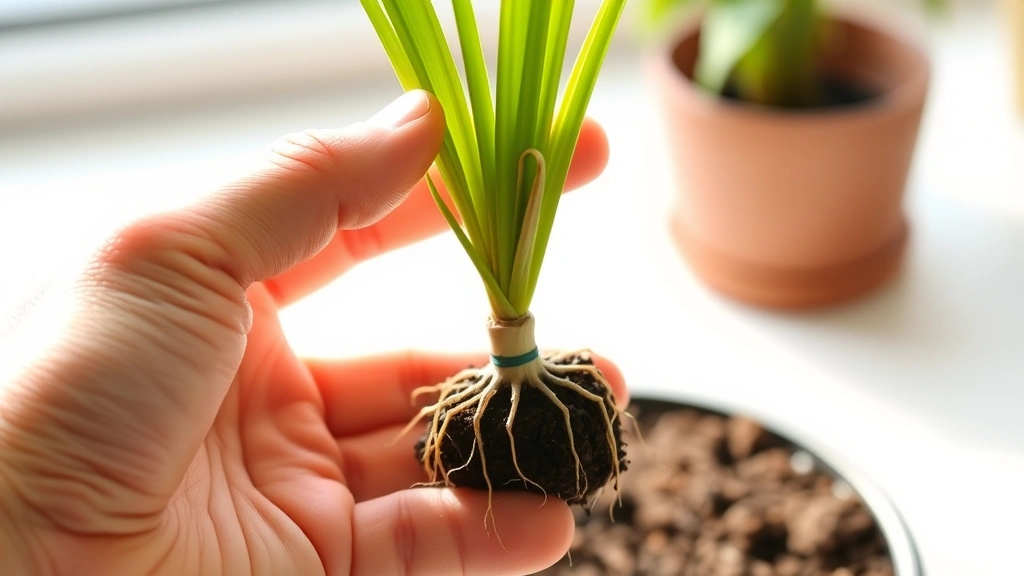 Hand holding small ponytail palm pup with developing roots, propagation soil mixture, bright diffused light background, successful plant propagation moment