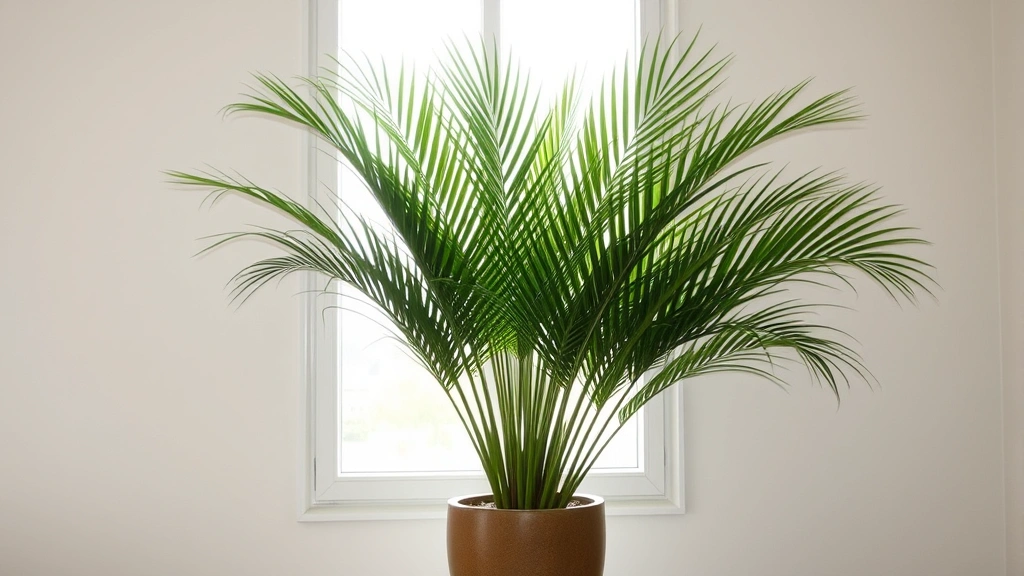 Mature ponytail palm in decorative pot near south-facing window, full fountain-shaped foliage, thriving healthy specimen, modern minimalist interior setting, plant excellence