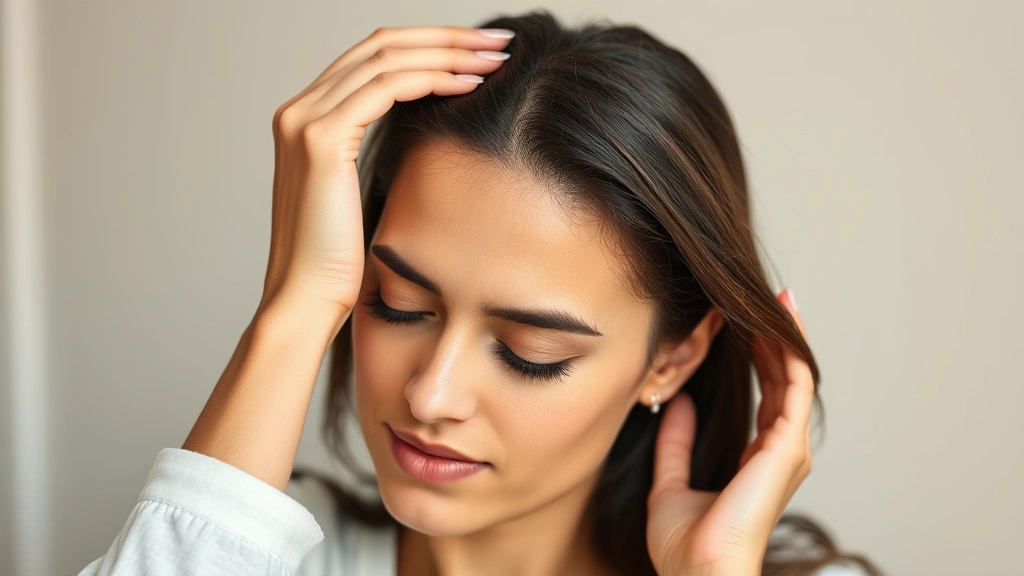 Woman gently massaging her scalp with fingertips, eyes closed peacefully, soft natural lighting, showing self-care during hair recovery journey, serene expression of healing