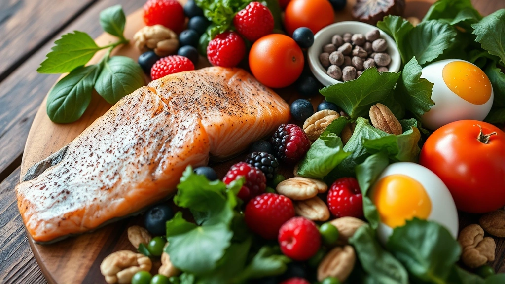 Close-up of healthy vibrant vegetables and proteins on wooden table—salmon, berries, leafy greens, nuts, eggs—representing nutritional support for post-chemo hair restoration