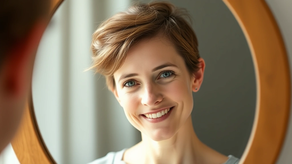 Person looking in mirror with visible early-stage hair regrowth on scalp, gentle smile expressing hope and resilience, natural daylight, embodying post-chemo recovery journey