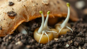 Close-up of sprouting seed potato with white roots emerging from eyes, soil particles visible, natural lighting showing vigor and healthy growth potential