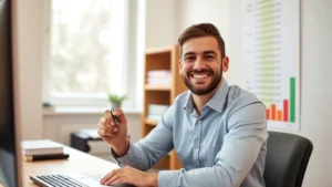 Person sitting at desk with colorful printable growth chart on wall, smiling while marking progress with pen, natural window lighting, warm office environment, confident body language, close-up of hands writing on chart