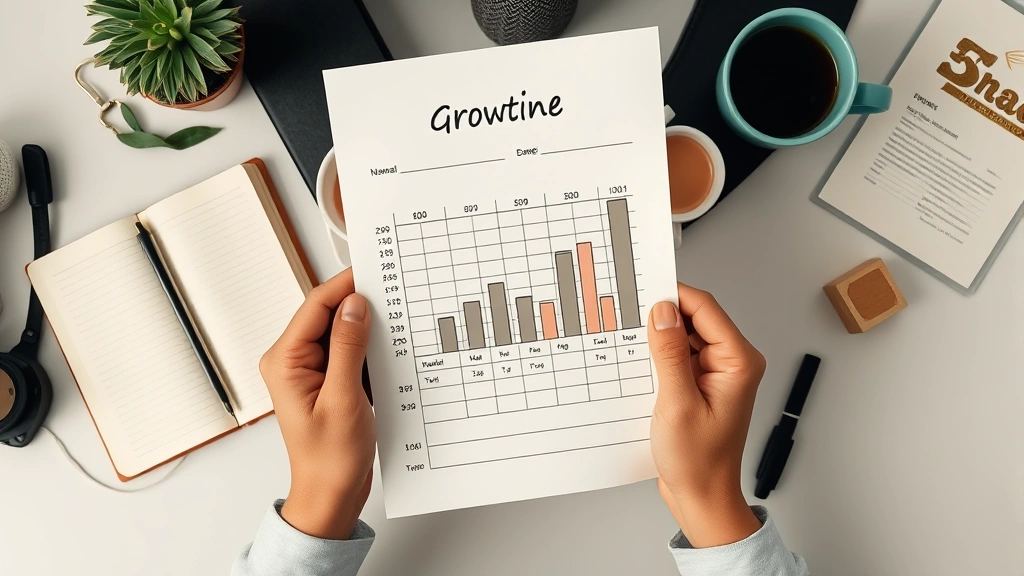 Overhead view of hands holding printed growth chart with marked milestones and progress bars filled in, surrounded by journal, coffee cup, and personal items on desk, celebrating achievement moment, professional yet personal aesthetic