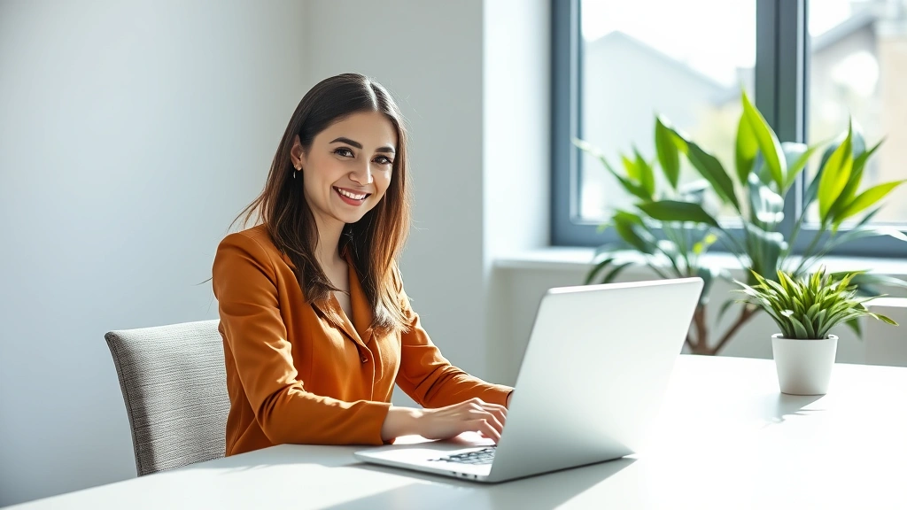 Professional woman at modern desk with laptop, smiling with confidence, bright natural light from window, minimalist workspace, focused expression, personal growth moment, photorealistic, no text visible, modern office environment