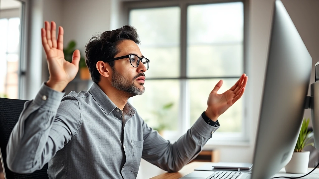 Person experiencing moment of realization, looking at computer screen with enlightened expression, hands up in success gesture, modern home office, natural lighting, achievement moment, photorealistic, professional casual attire, no text in image