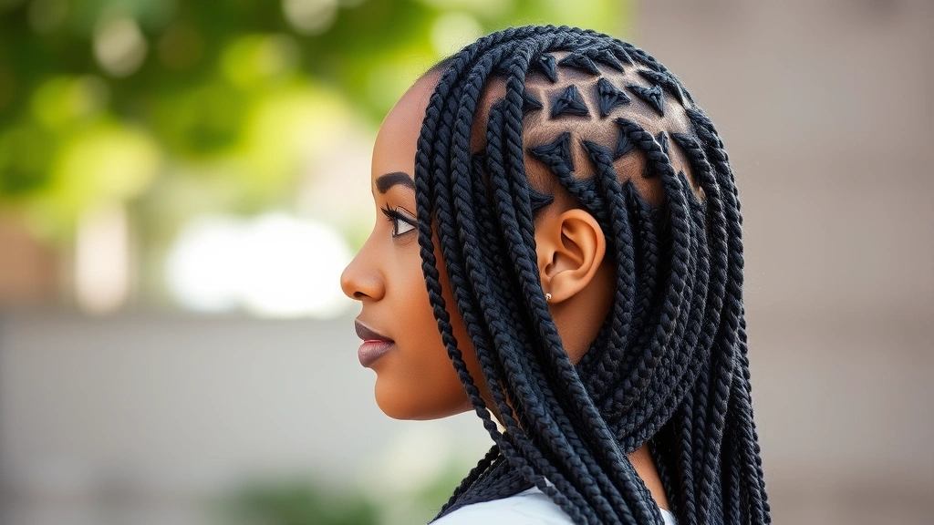 Woman wearing neat box braids protective style, viewed from side angle showing well-maintained braids with healthy scalp, confident expression, natural daylight