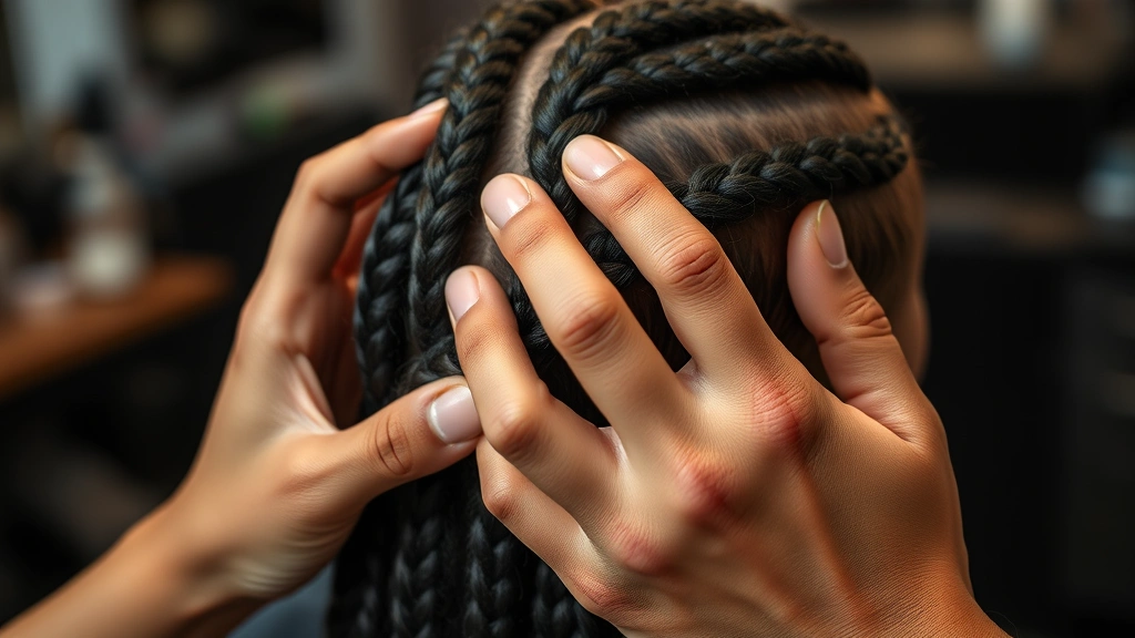 Close-up of hands gently braiding natural hair with soft lighting, showing proper tension technique, professional styling environment, focus on hair care