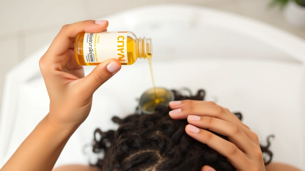 Top-down view of person applying nourishing oil to scalp and hair roots during protective style maintenance, hands visible with care routine in progress