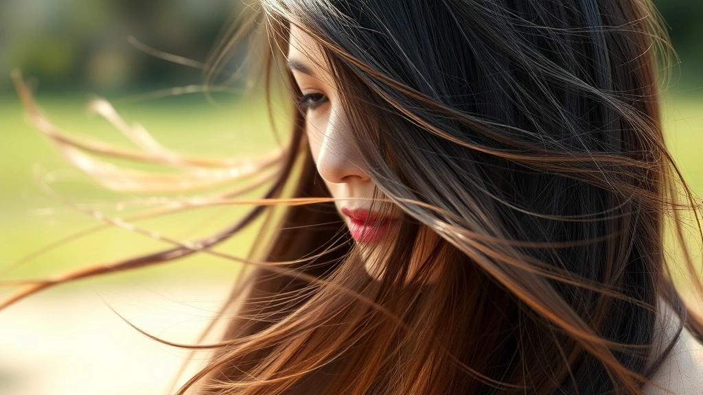 Woman with long, healthy, shiny dark hair flowing in wind, outdoor natural lighting, close-up of hair texture showing strength and vitality, no text