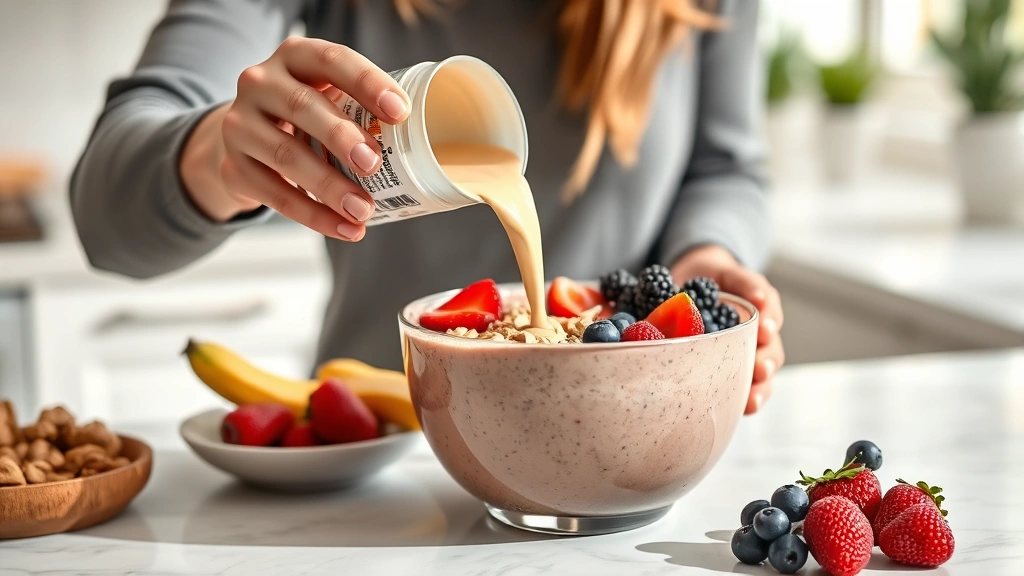 Person pouring protein powder into a smoothie bowl with fresh berries and nuts, bright kitchen setting, healthy meal preparation, photorealistic, no text