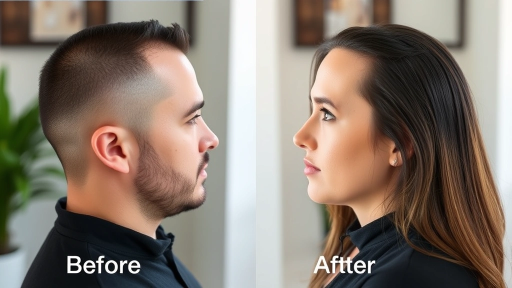 Before and after comparison style image showing hair thickness transformation, side-by-side profile view of hair growth progress, natural lighting, no text