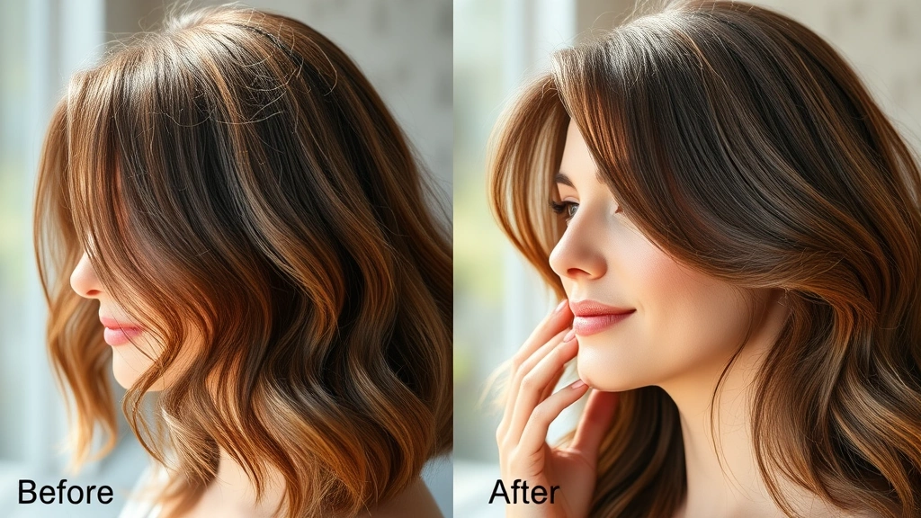 Woman with visibly fuller hair after treatment, natural sunlight highlighting hair volume and thickness, genuine before-and-after appearance, serene expression of confidence