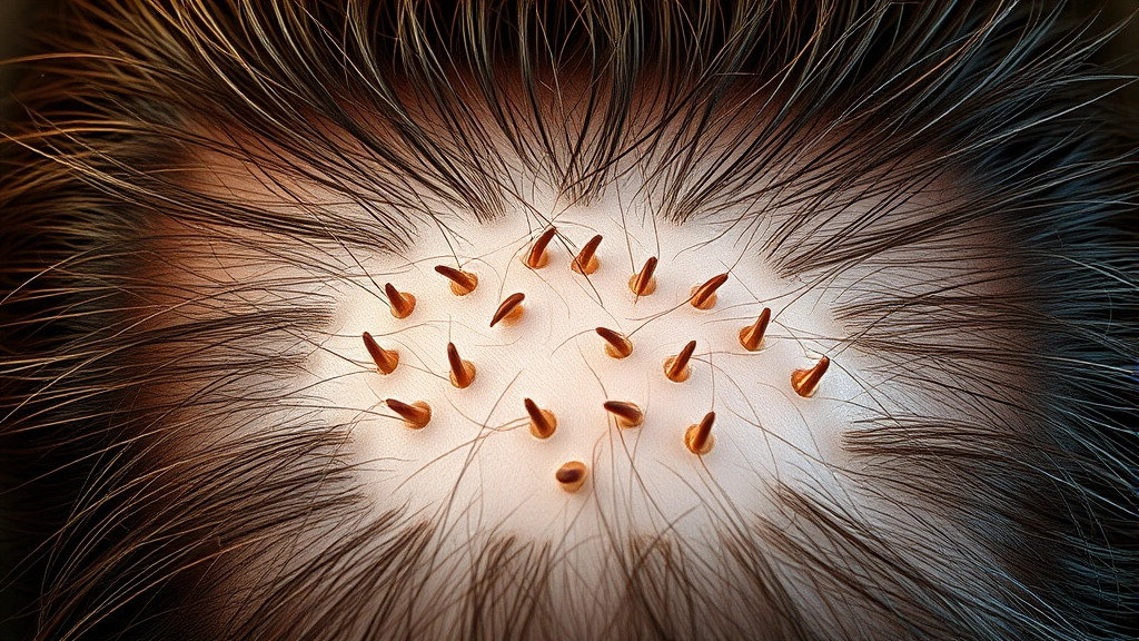 Top-down view of scalp with healthy follicles and strong hair growth, scientific yet beautiful presentation showing hair density, warm natural lighting, completely text-free