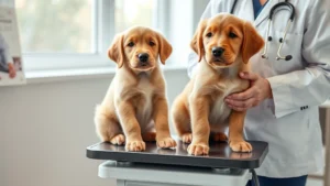 Young golden retriever puppy sitting on veterinary scale during health checkup, veterinarian measuring weight in clinical setting, natural daylight through windows