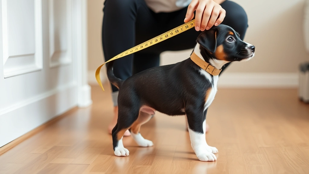 Puppy growth tracking chart visualization, owner measuring puppy's height at shoulders with measuring tape, puppy standing on hardwood floor in natural pose