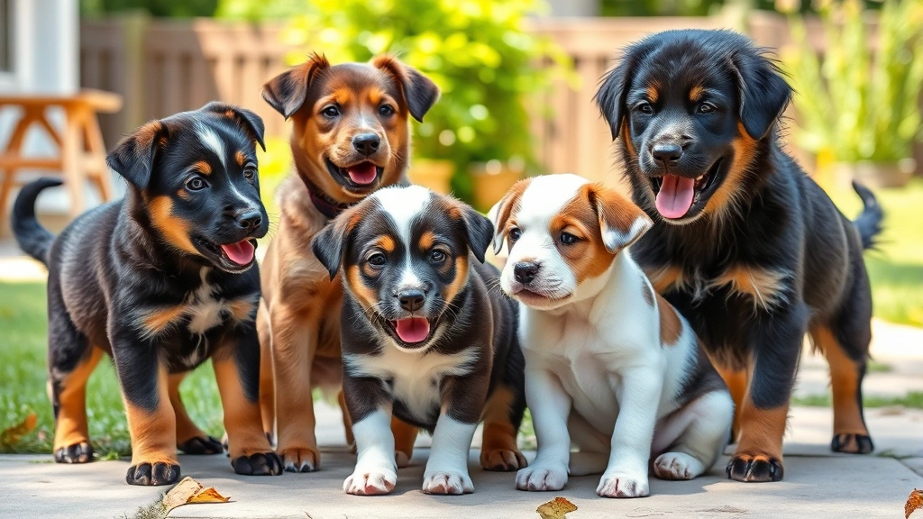 Healthy puppies of different breeds playing together outdoors, demonstrating various sizes and proportions, sunny backyard setting with natural lighting