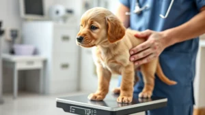 Young golden retriever puppy standing on veterinary scale during growth check, veterinarian's hands gently steadying the puppy, clinic background blurred, natural daylight, puppy alert and calm