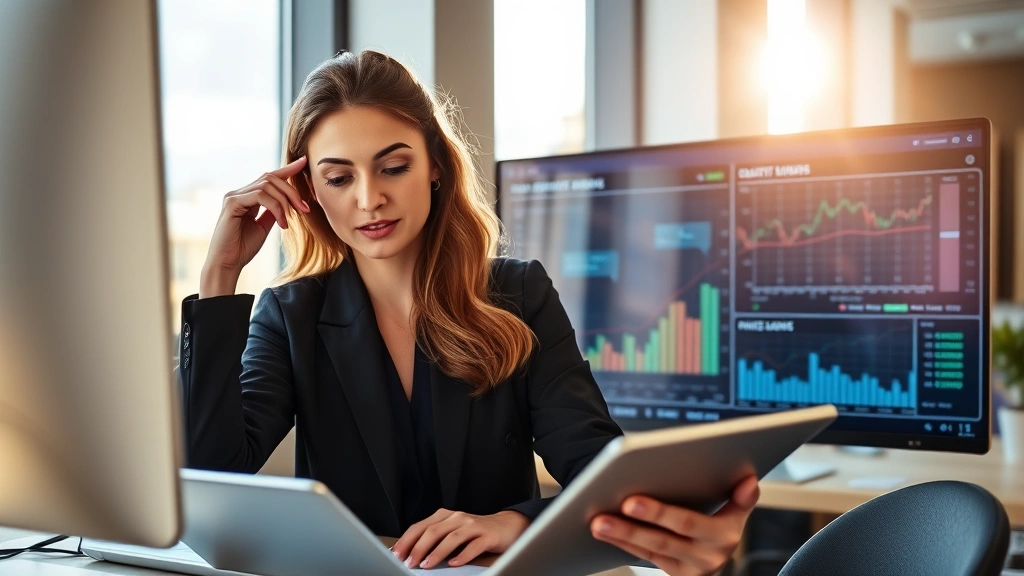 Professional woman analyzing financial charts on computer screen, focused expression, modern office environment, morning sunlight through windows, confident posture, tablet with growth graphs visible nearby