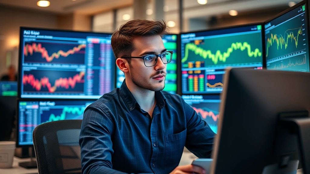 Young male investor reviewing portfolio performance metrics on multiple monitors, surrounded by market data, determined expression, contemporary workspace, financial success visualization imagery