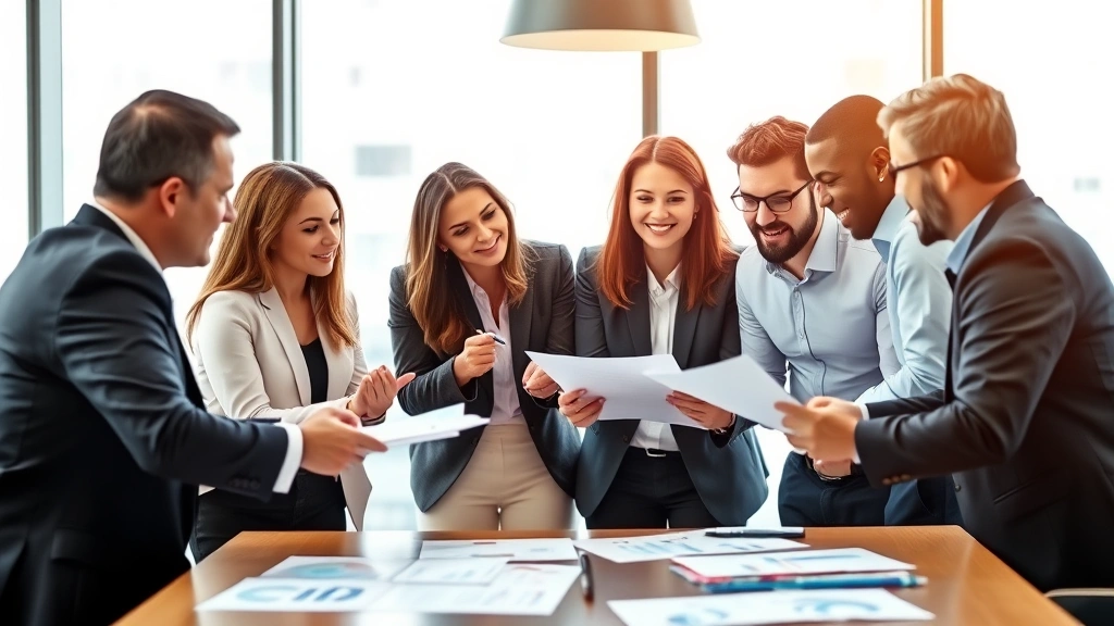 Diverse group in business casual attire having strategic investment discussion around conference table, reviewing documents and charts, collaborative energy, natural lighting, growth-focused atmosphere