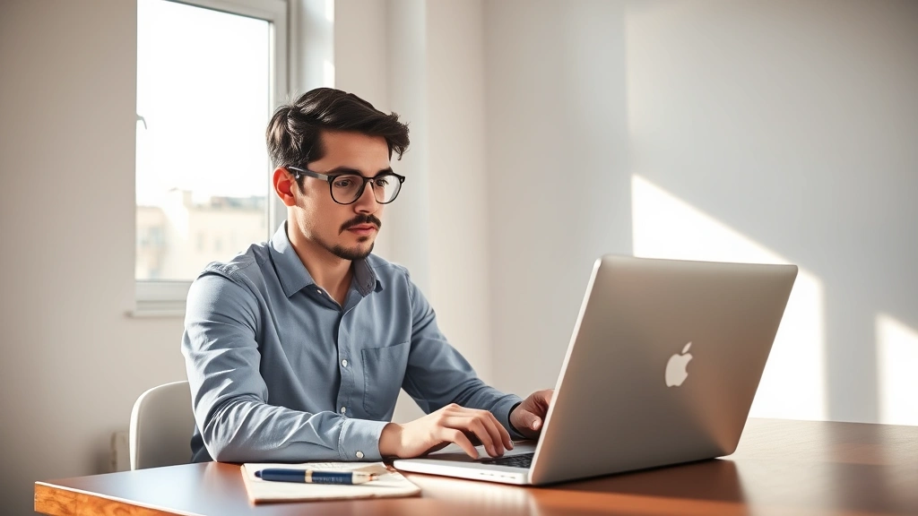 Determined young professional analyzing financial data on laptop in minimalist home office, sunlight streaming through window, focused expression, notebook and pen on desk, modern workspace