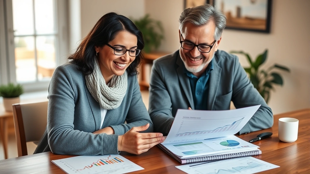 Diverse investor couple reviewing investment portfolio documents together at wooden table, smiling with confidence, financial charts visible, warm lighting, peaceful home setting