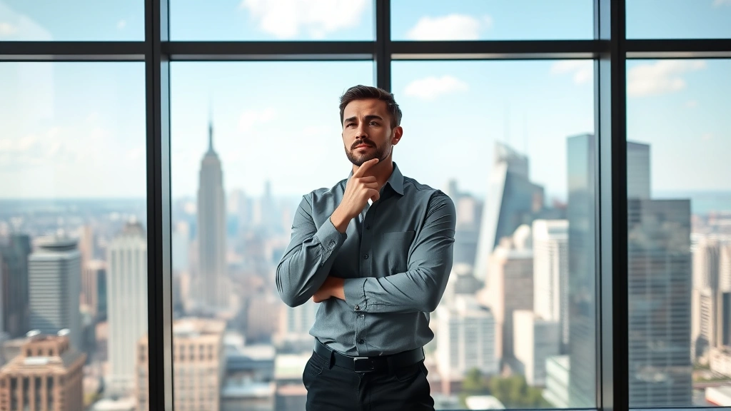 Motivated individual standing before large window overlooking city skyline, hand on chin in thoughtful pose, contemplating financial growth strategy, professional casual attire, inspiring view