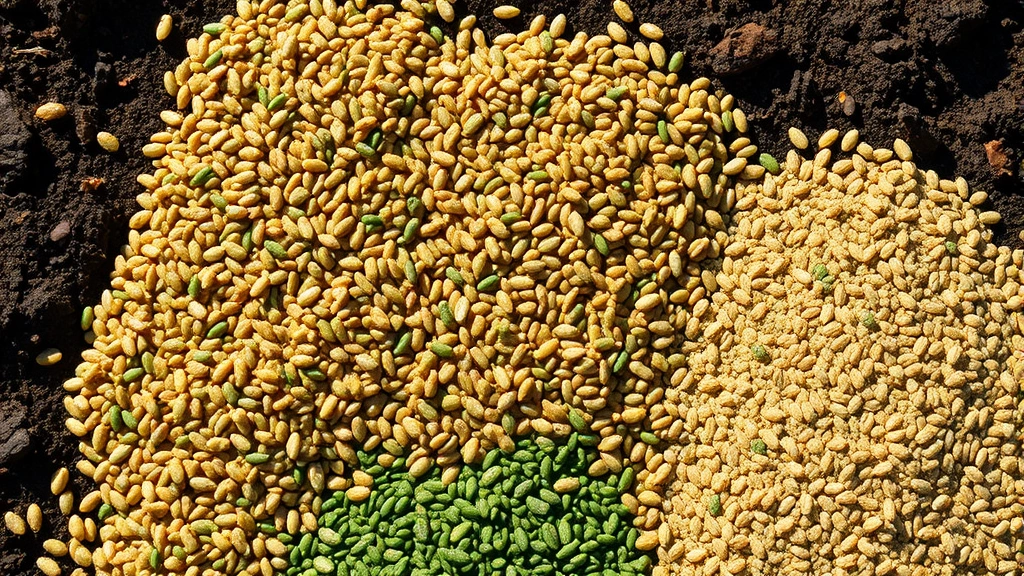 Close-up of premium grass seed varieties in different textures and colors spread on rich dark soil, sunlight highlighting seed quality and organic matter