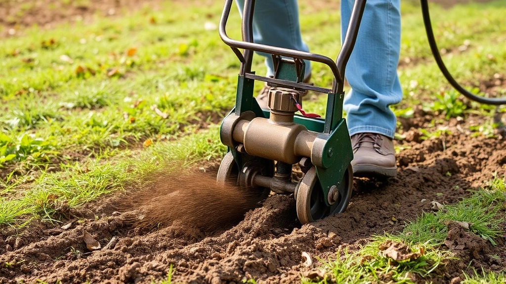 Person aerating compacted lawn soil with mechanical equipment, creating visible channels for water and root penetration, healthy soil visible in background