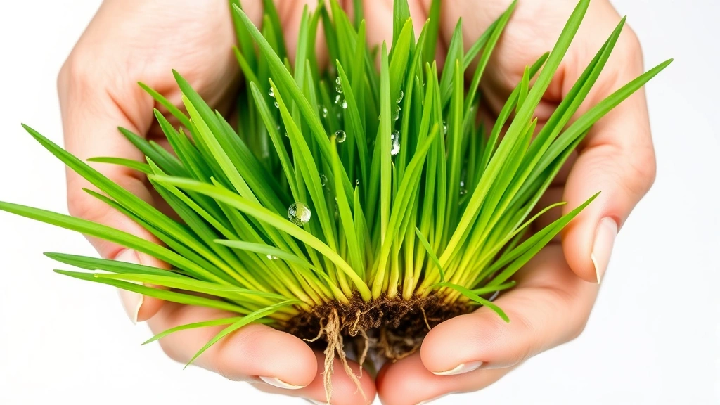 Hands holding vibrant green grass seedling with developed root system visible, water droplets on leaves, showing healthy establishment and rapid growth potential