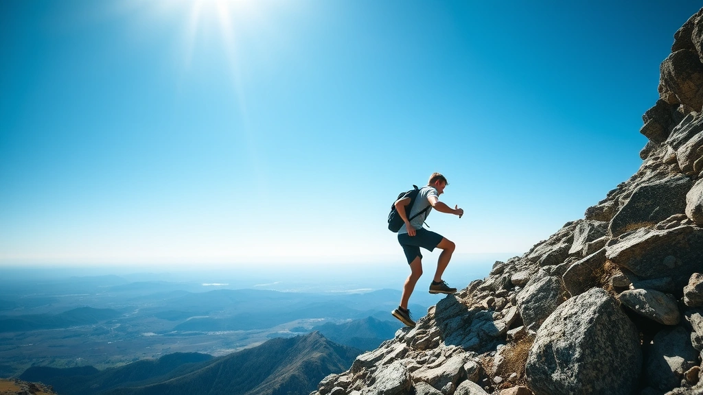 Individual climbing rocky mountain trail with determination, clear blue sky above, vast landscape below, moment of physical exertion and mental focus, natural outdoor setting, sunlit