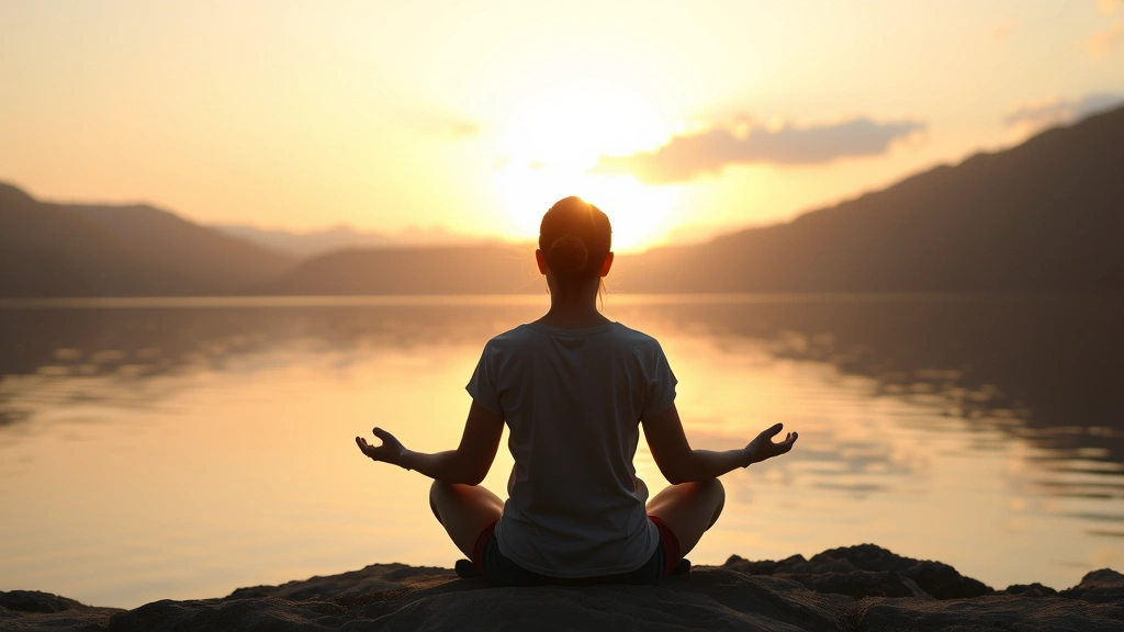 Person meditating by calm lake at sunset, reflecting on journey, peaceful expression, nature background with golden light, sitting position showing mindfulness and inner peace